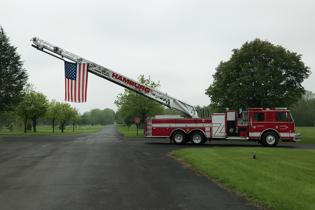 A fire truck with "Hamburg" on its extended ladder displays a large American flag. The truck is parked on a paved road surrounded by green grass and trees. The sky is overcast.
